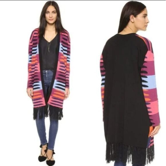 Mara Hoffman Striped Fringe Jacquard Knit Open Cardigan Black Pink One Size - Picture 1 of 7